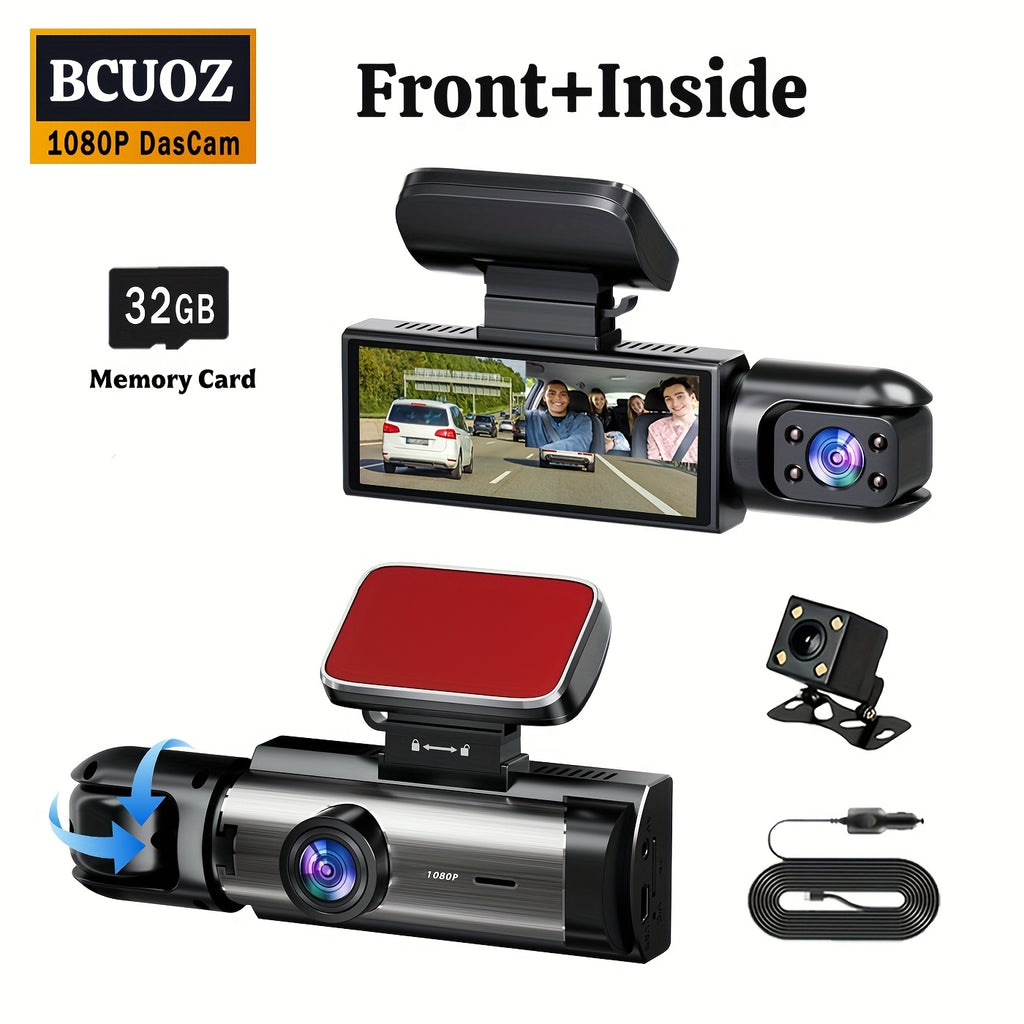 BCUOZ 1080P Car Accessories Dual Cameras Dashcam, Front 1080P And Inside 480P, Car Camera with IR Night Vision, Loop Recording, Wide Angle Car DVR Camera with 3.16 Inch IPS Screen, Dual Lens Car Dashboard Video Cam, 32GB SD C